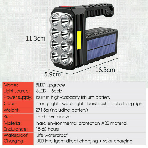 Solar LED Torch, USB Rechargeable COB Camping Hiking Lamp Bright Light 2