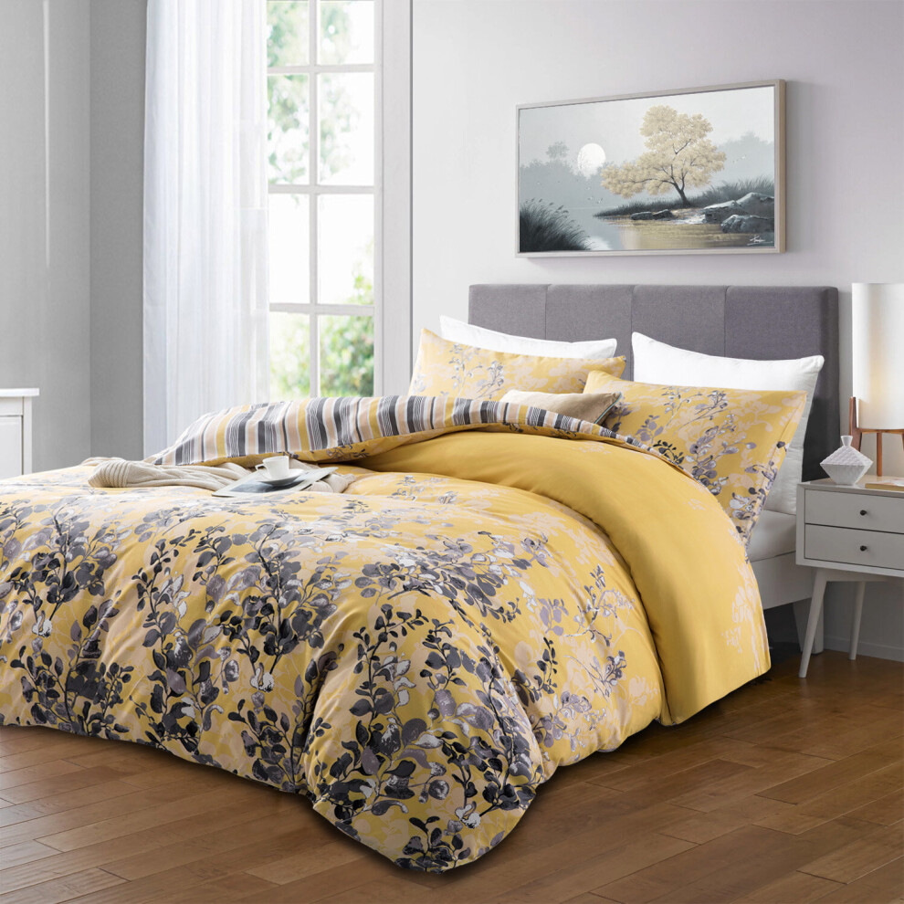 (Ochre Blossom, Super King) Reversible Microfiber Quilt Duvet Cover Bedding Set Single Double King Super King Size with Pillowcases