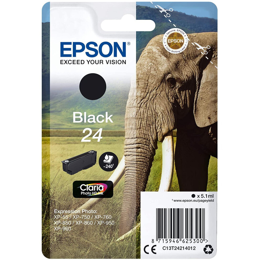 Epson 24 Black Elephant Genuine, Claria Photo HD Ink Cartridge, Standard Capacity