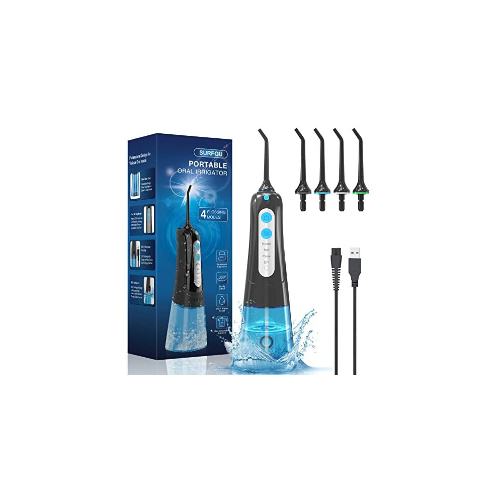 Surfou Water Flosser 300Ml Cordless Oral Irrigator With 360-Degree Rotating Nozzle, 4 Modes, Ipx7 Waterproof, 4 Jet Tips, Usb Rechargeable