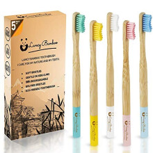 Bamboo Toothbrushes Pack of 5 | Organic | Ecofriendly Medium Soft Bristles for Natural Dental Care | Plastic Free Wooden Handle | Vegan | Multico