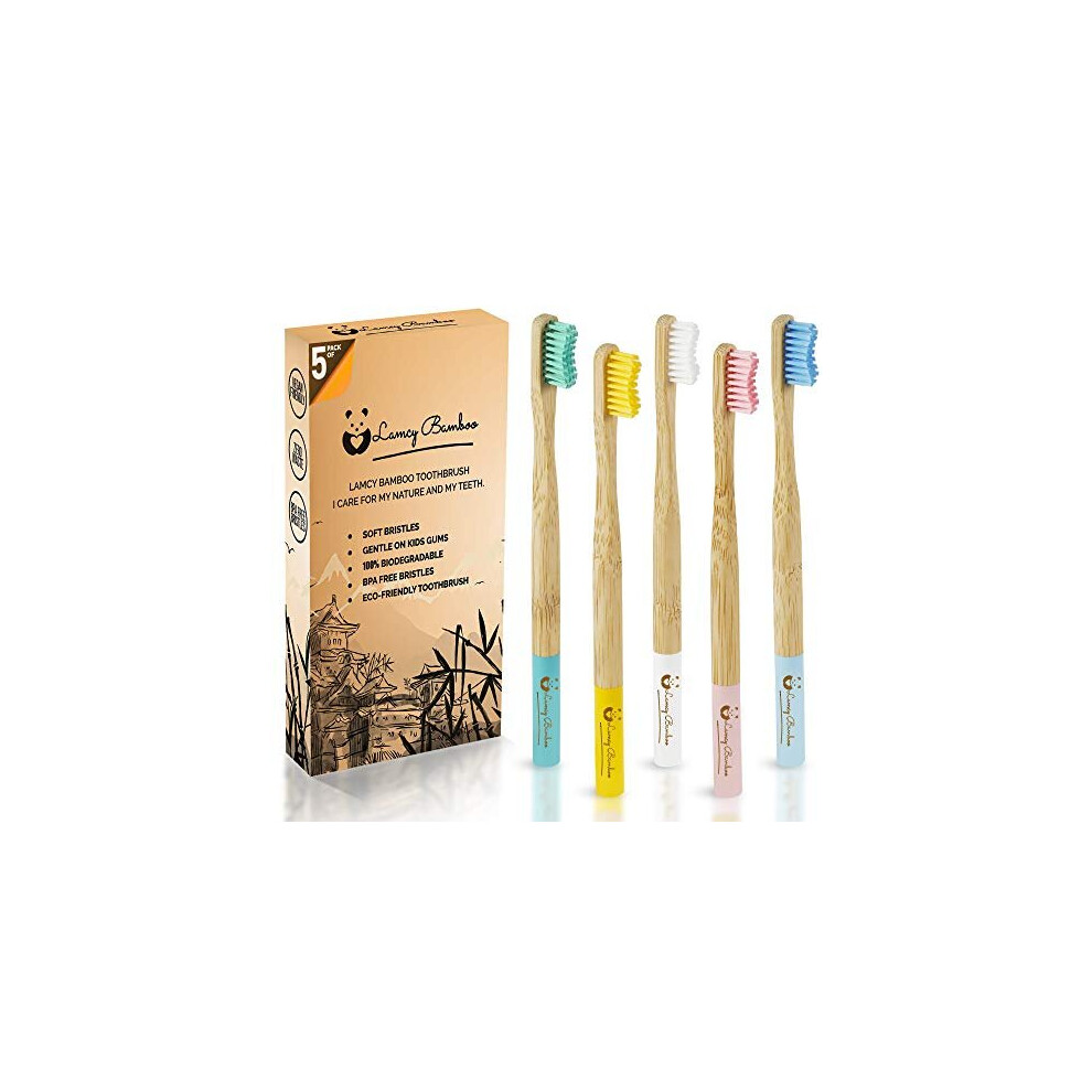 Lamcy Bamboo Bamboo Toothbrushes Pack Of 5 | Organic | Ecofriendly Medium Soft Bristles For Natural Dental Care | Plastic Free Wooden Handle | Vegan | Multico