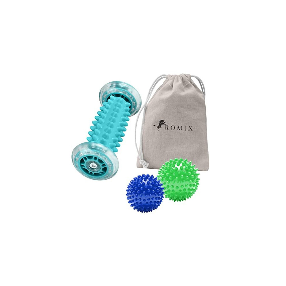 Romix Foot Massager Roller And Spiky Massage Ball Set, Deep Tissue Trigger Point Foot Massage Roller For Plantar Fasciitis, Stress, Arch Pain Rel