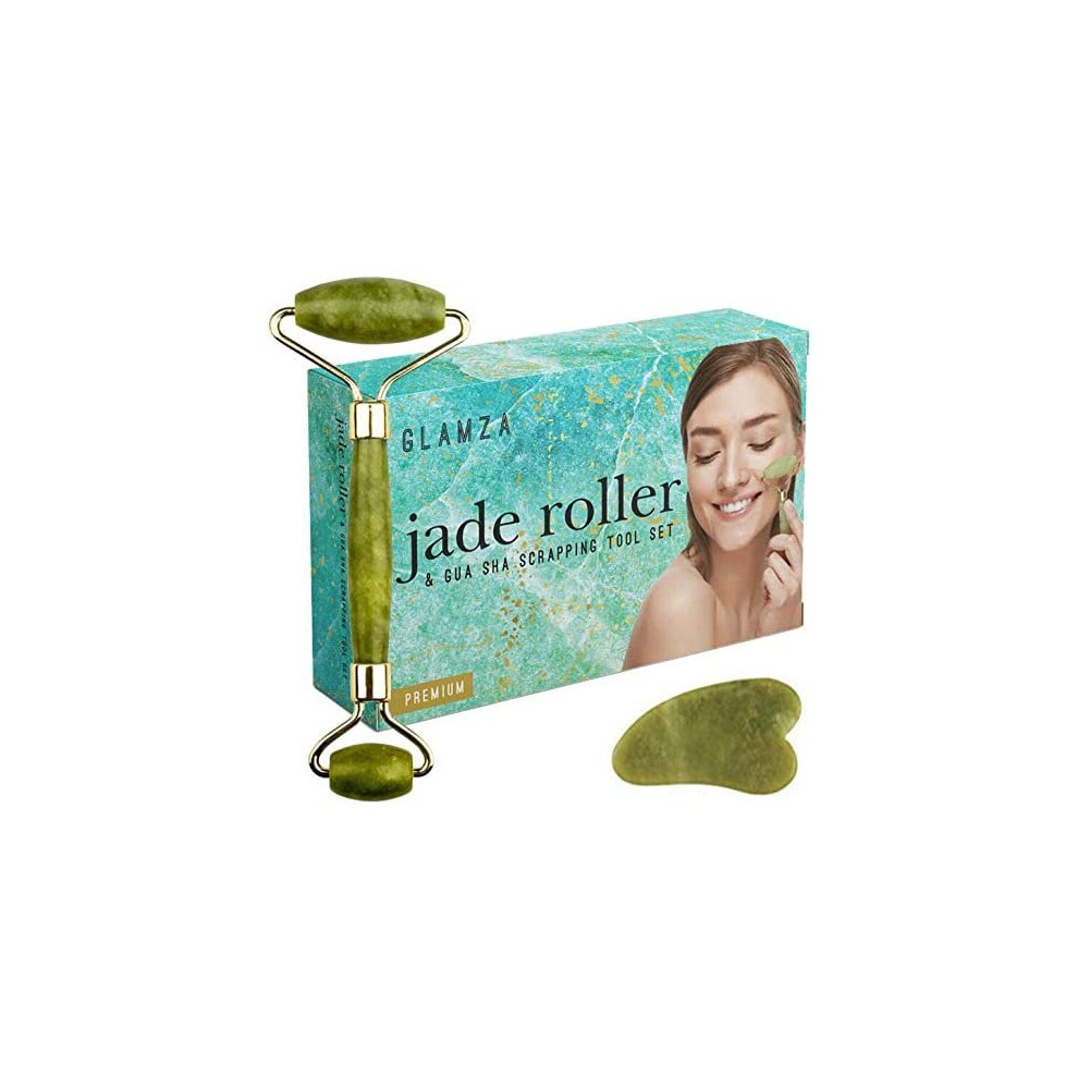Glamza Jade Face Roller - Double Ended Facial Roller & Gua Sha Massage Tool - Stimulates Lymphatic Drainage, Improving Skin-Tone & Reducing Fine