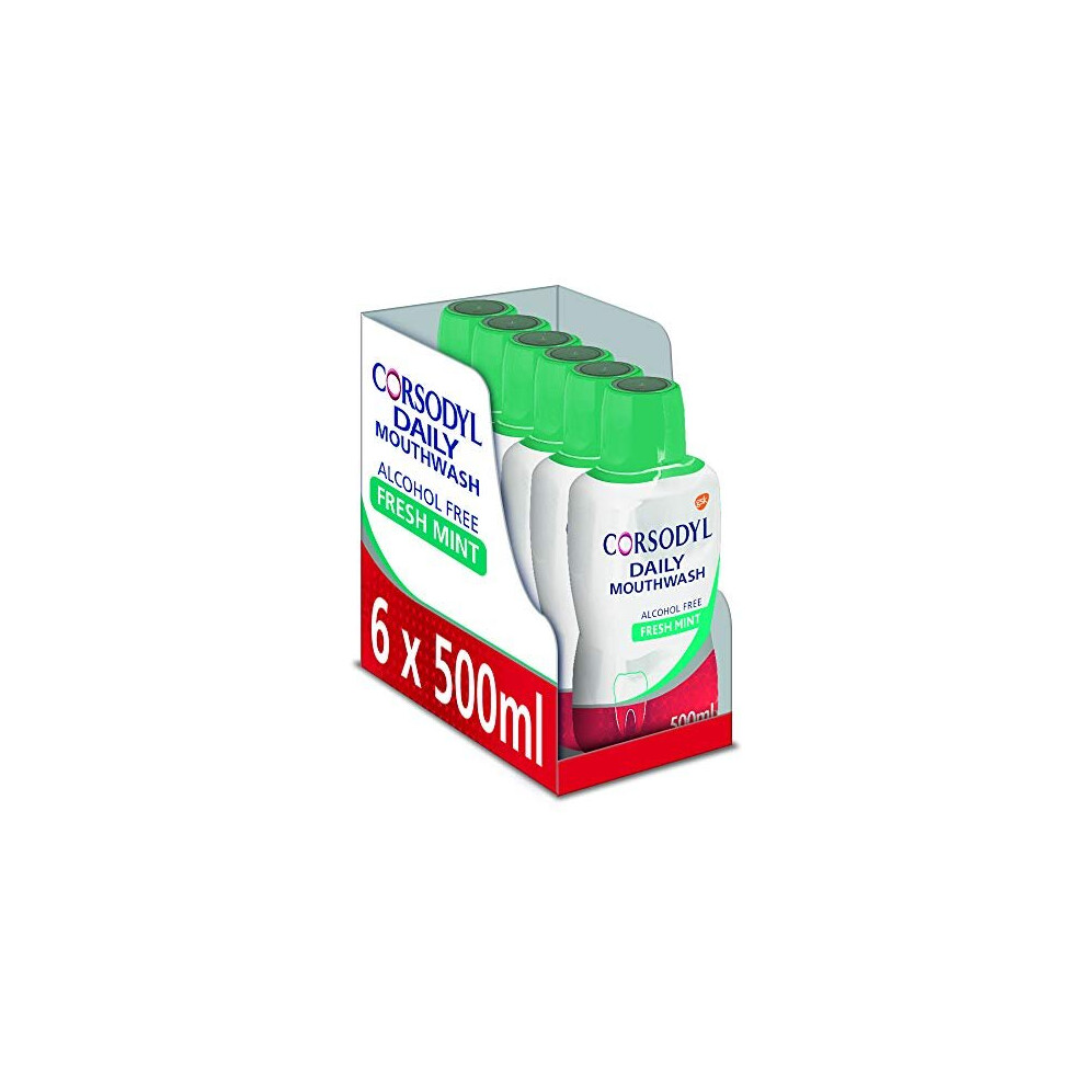 Corsodyl Mouthwash, Alcohol Free Daily Gum Care Mouthwash, Fresh Mint Flavour, 500 ml, Pack of 6