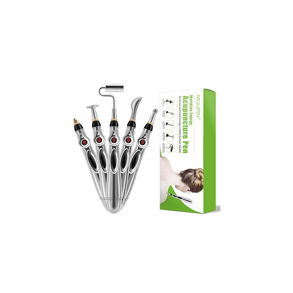 Mqupin Acupuncture Pen, Electric Acupuncture Energy Pen With 5 Massage Heads, Powerful Meridian Energy Pen Pulse Massage Pen Tools