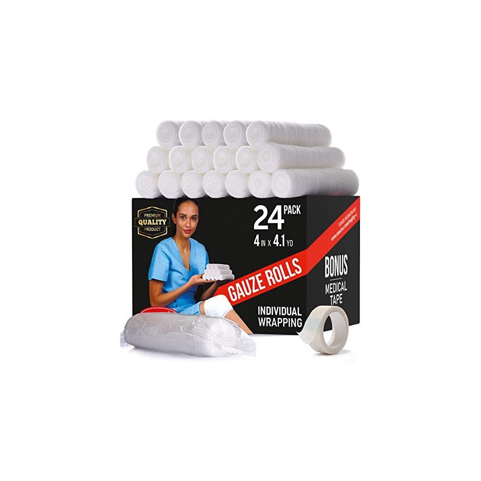 Mighty-X Premium Gauze Bandage Roll - 24 Pk - 10Cm X 3.7M Conforming Bandage - Soft Gauze Roll + Bonus Medical Tape