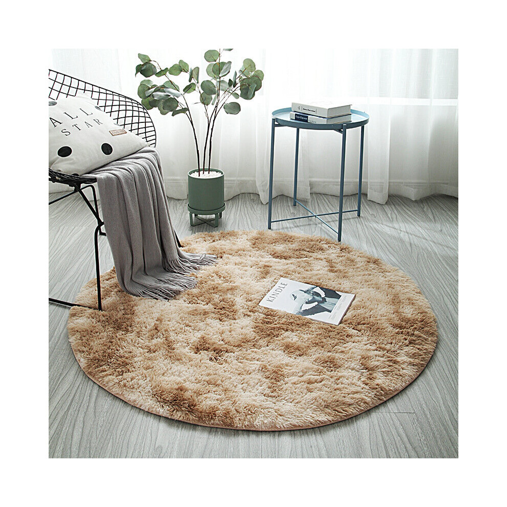 (Light 80Cm) Anti Slip Circle Round Shaggy Fluffy Rug Living Room Bedroom Carpet Floor Mat Brown Keluofu