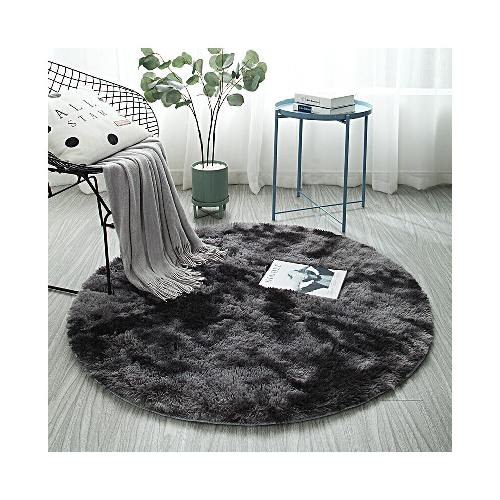 (, 100Cm) Anti Slip Circle Round Shaggy Fluffy Rug Living Room Bedroom Carpet Floor Mat Black Keluofu