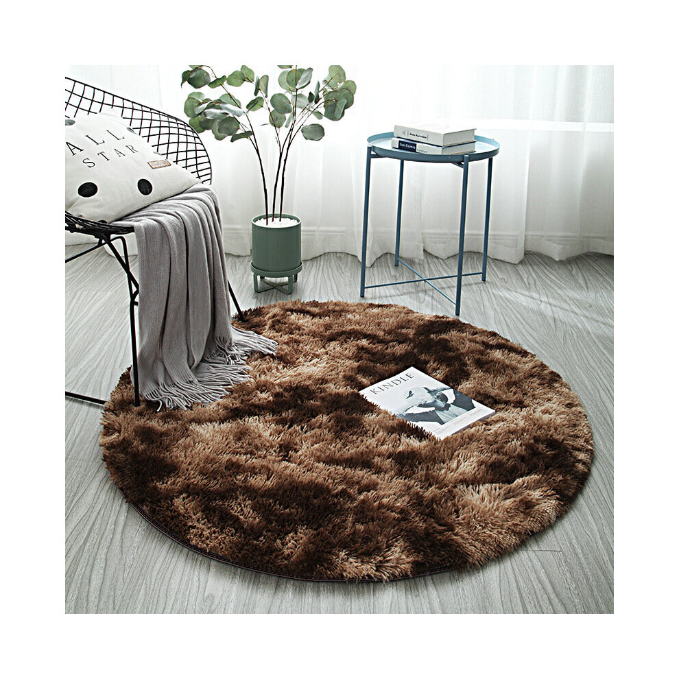 (, 100Cm) Anti Slip Circle Round Shaggy Fluffy Rug Living Room Bedroom Carpet Floor Mat Brown Keluofu