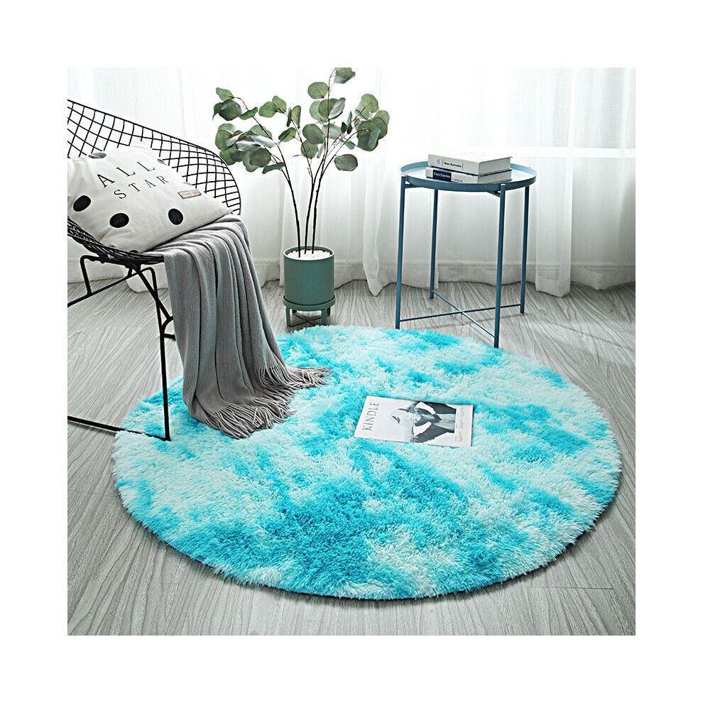 (, 100Cm) Anti Slip Circle Round Shaggy Fluffy Rug Living Room Bedroom Carpet Floor Mat Blue Keluofu