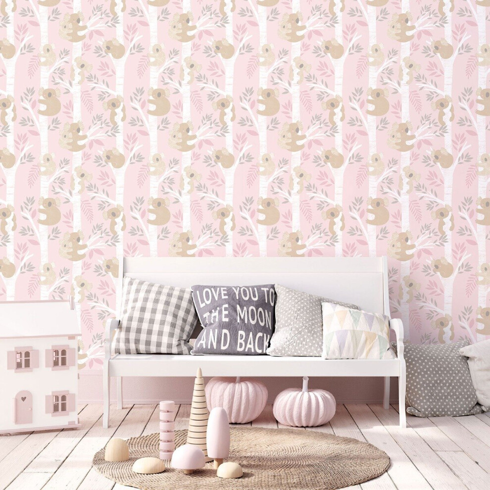 Galerie Tiny Tots 2 Koalas Wallpaper Pink Grey Glitter G78387