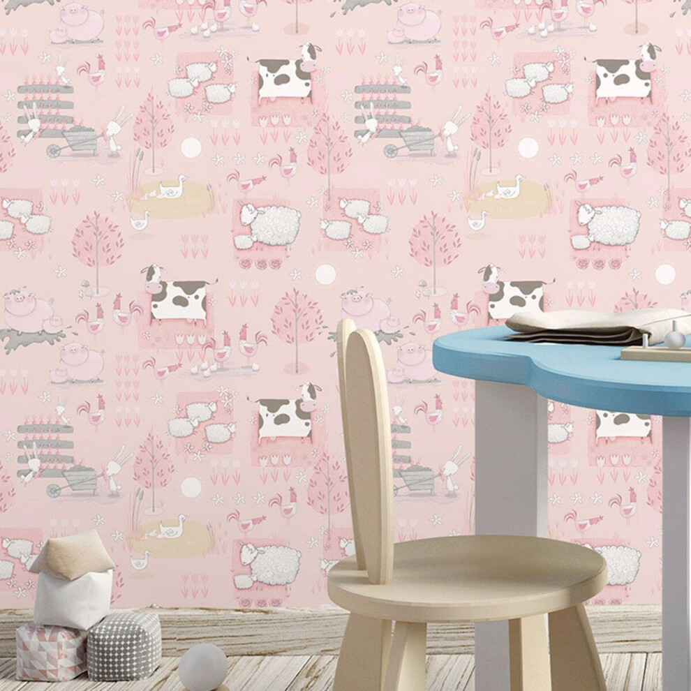 Galerie Tiny Tots 2 Farmland Wallpaper Pink Grey Beige G78376