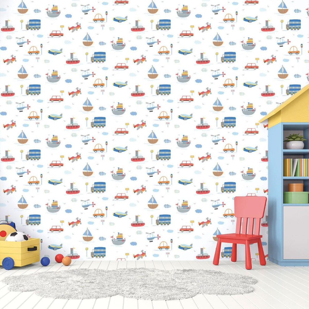 Galerie Tiny Tots 2 Transportation Wallpaper Blue Orange Red G78415