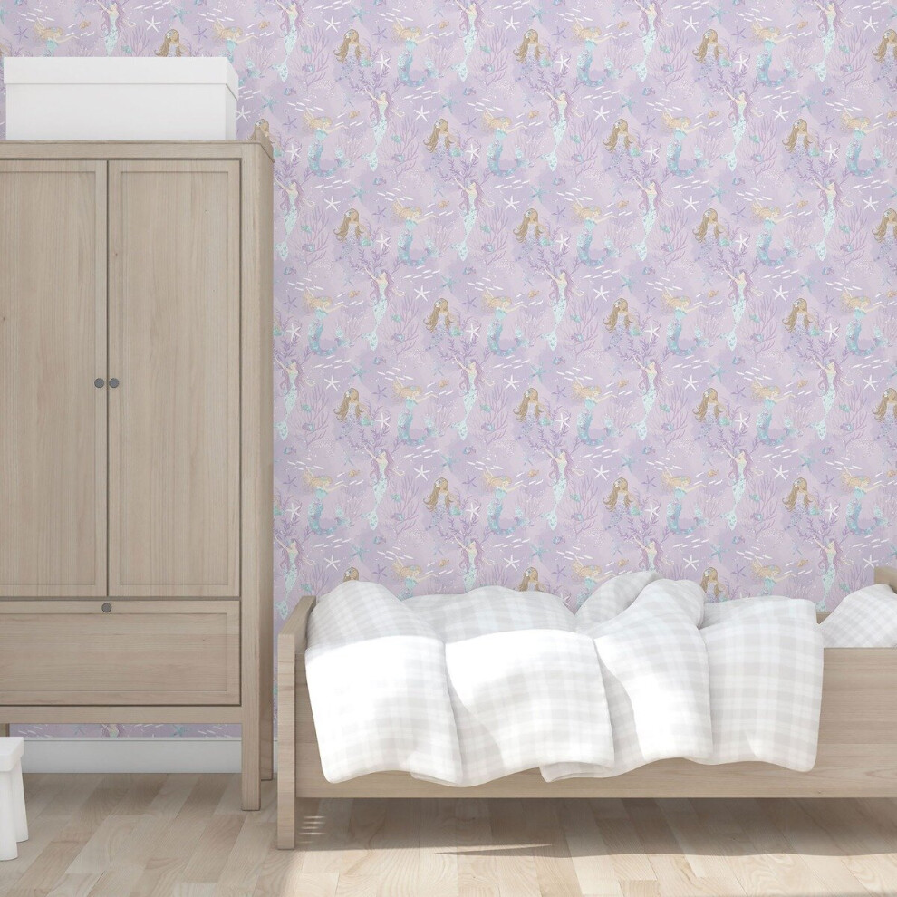 Tiny Tots 2 Mermaids Wallpaper Purple Turquoise Glitter Galerie G78391 5055430083913