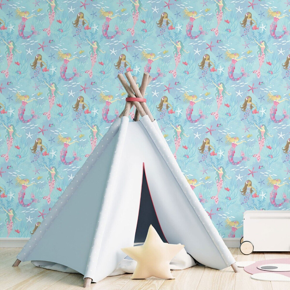 Tiny Tots 2 Mermaids Wallpaper Turquoise Hot Pink Glitter Galerie G78392 5055430083920