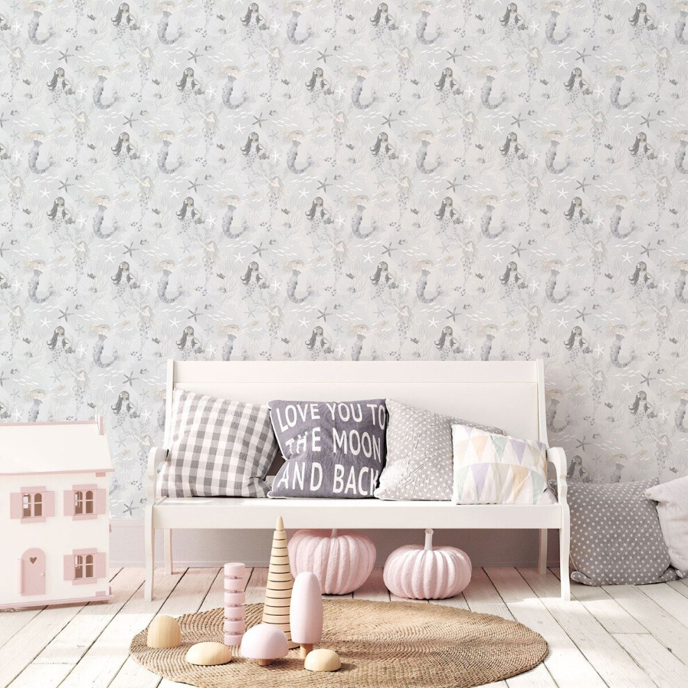 Tiny Tots 2 Mermaids Wallpaper Grey Silver Glitter Galerie G78389 5055430083890