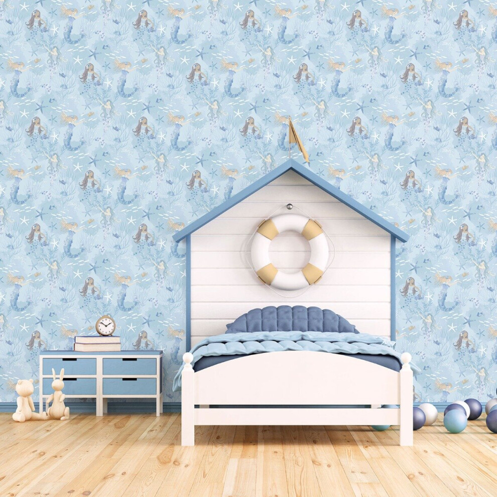 Galerie Tiny Tots 2 Mermaids Wallpaper Blues Purple Glitter G78388