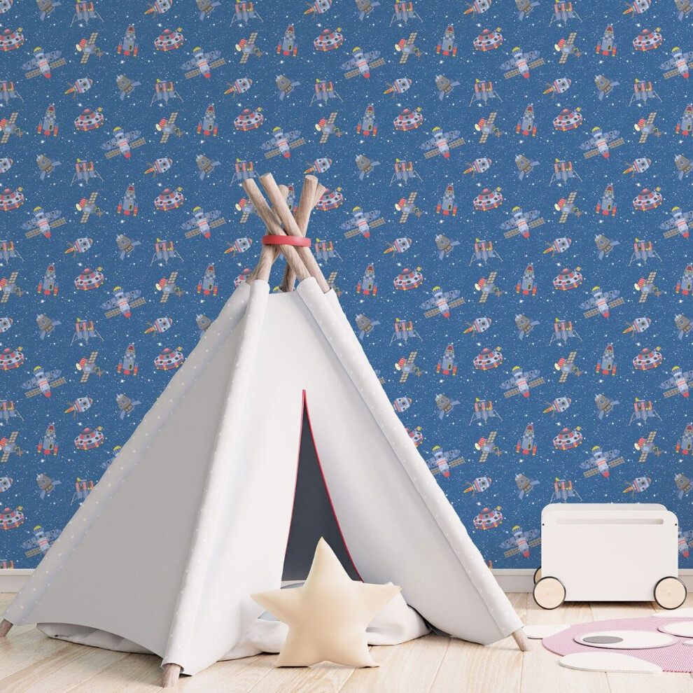 Galerie Tiny Tots 2 Spaceships Wallpaper Cobalt Primary Glitter G78411