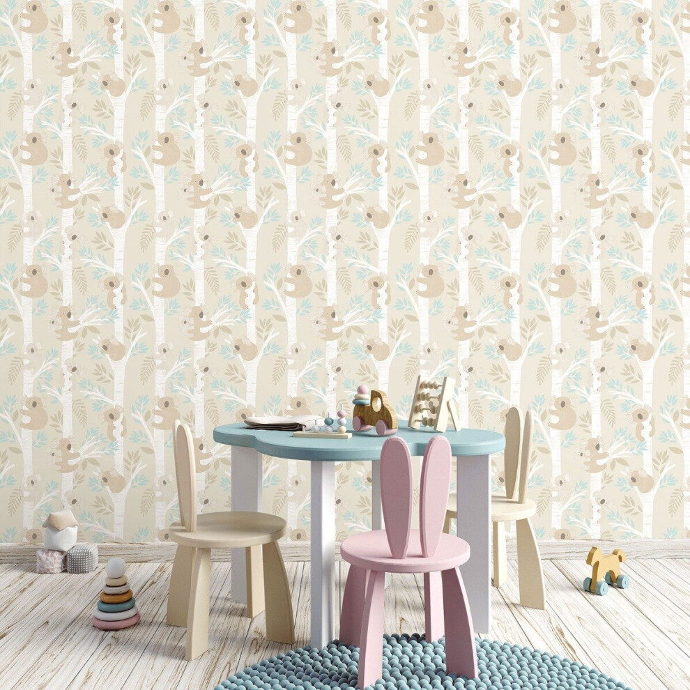 Tiny Tots 2 Koalas Wallpaper Glitter G78384 Beige/Turquoise Galerie