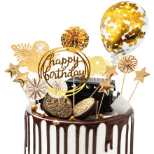 HJ8U Gold Cake Decorations 13Pcs Toppers Kit - Happy Birthday Banner, Fireworks, Stars, Paper Fans, Sequins Balloon, Acrylic Banner