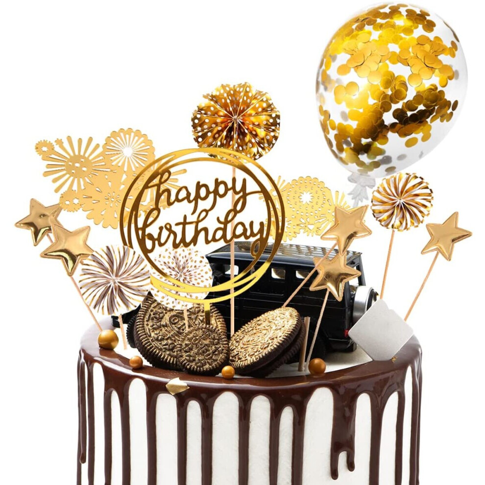 Cake Decorations 13Pcs Cake Toppers Kit Cupcake Topper with Golden Paper Fans Happy Birthday Acrylic Banner Sequins Balloon...