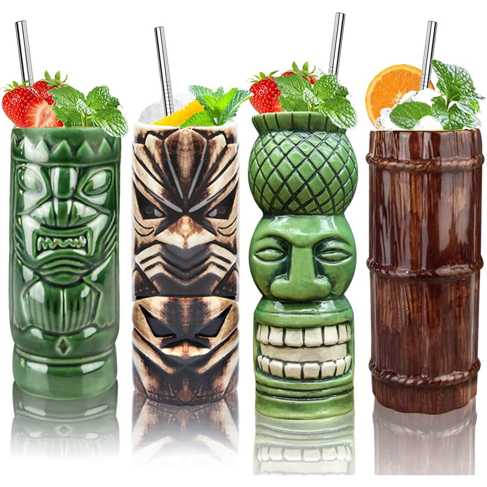 Tiki Glasses Tiki bar Accessories Set of 4 - Tiki Mugs Large Tumblers Ceramic Cocktail Glass Hawaiian Luau Party Mugs...