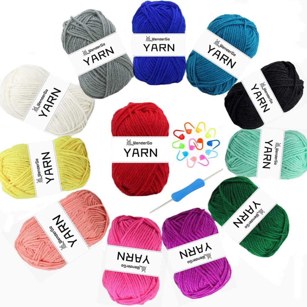 12X 50g Acrylic Knitting Yarn Skeins - Double Knitting Assorted Color Yarn Pack with Crochet Hook & Stitch Markers for Any...