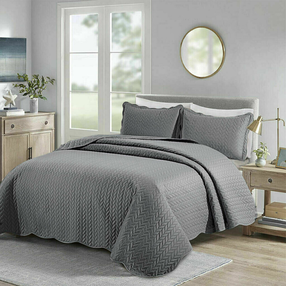 (Grey-Osca, Double) 3 Piece Quilted Bedspread Bed Throw Double King Size Bedding Set