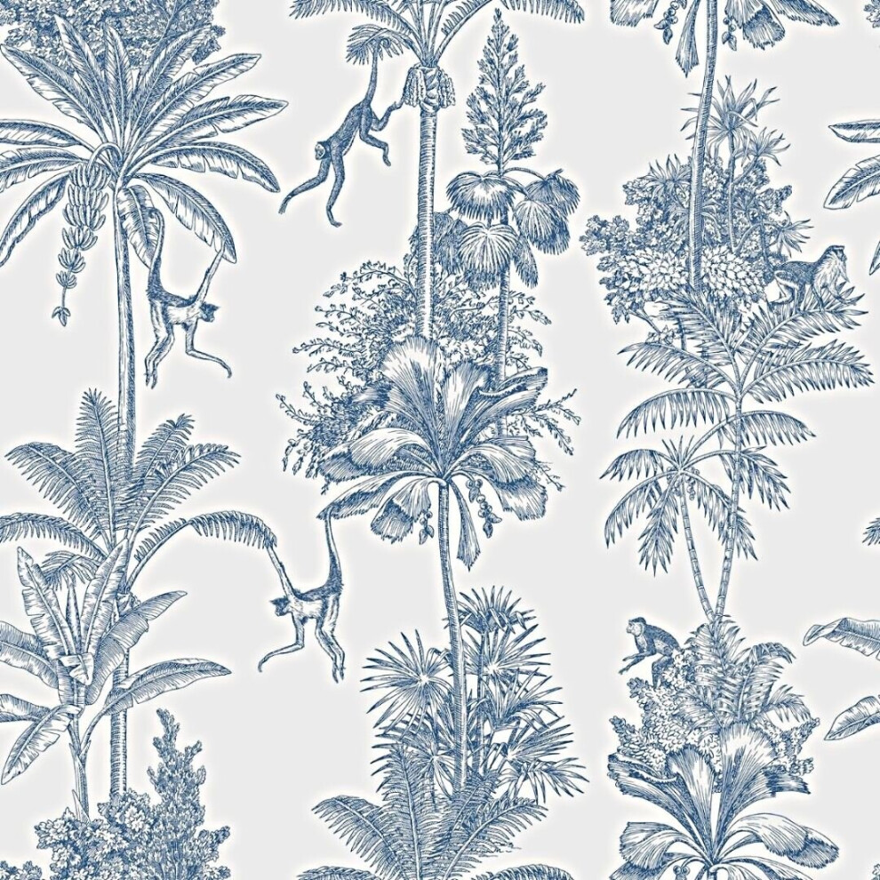 Monkey Troop Toile Wallpaper Blue World of Wallpaper AF0010