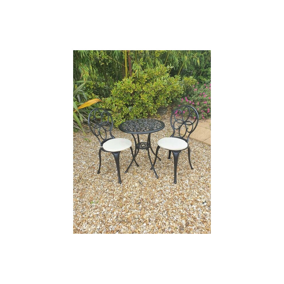 SH&G Rayleigh 2 Seat Bistro Set | 3 Piece Round Table & Chairs |Black Aluminium with Cream Cushions | Indoor & Outdoor | Signature Homes and Gardens