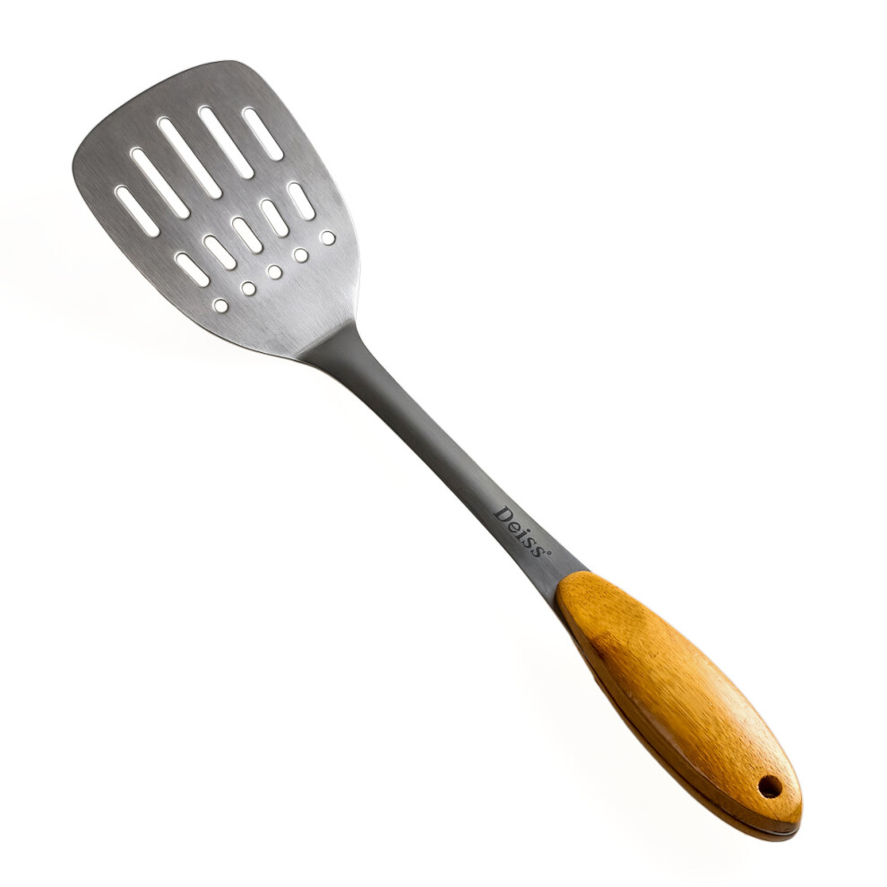 Deiss PRO Metal Spatula with Wooden Handle - Slotted Turner for BBQ - Perfect for Grilling, Turning Meat, Mixing Scrambled Eggs, Flipping Burgers