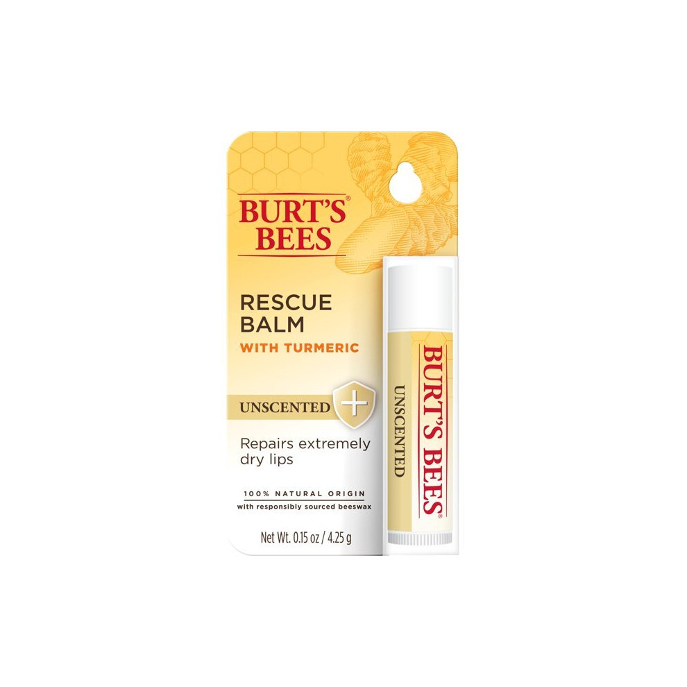 Burt's Bees 100% Natural Origin Rescue Lip Balm With Beeswax and Antioxidant-Rich Turmeric, Unscented, 1 Tube