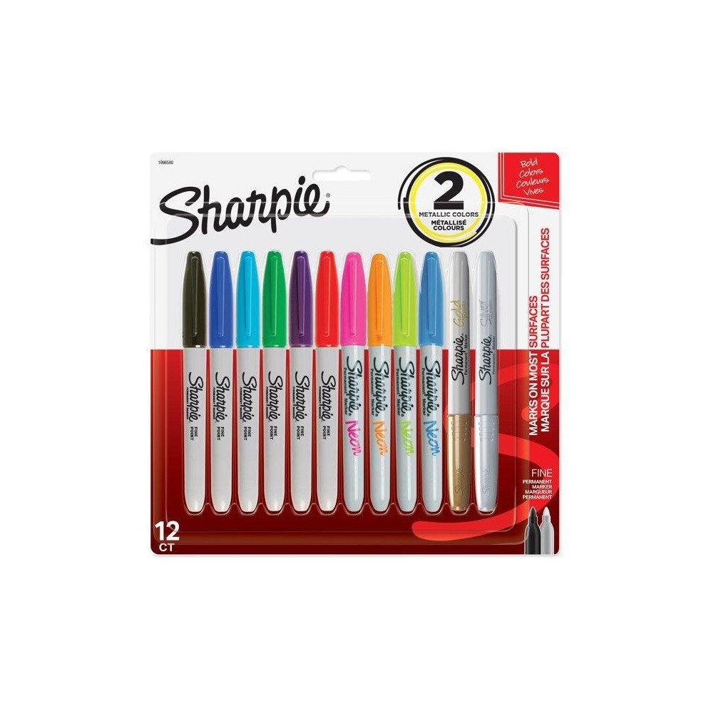 Sharpie Permanent Markers, Fine Point, Assorted Bold Colors, 12 Count