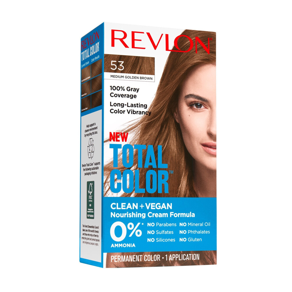 Revlon Total Permanent Hair Color, Clean and Vegan, 100% Gray Coverage Dye, 53 Medium Golden Brown, 5.94 fl oz