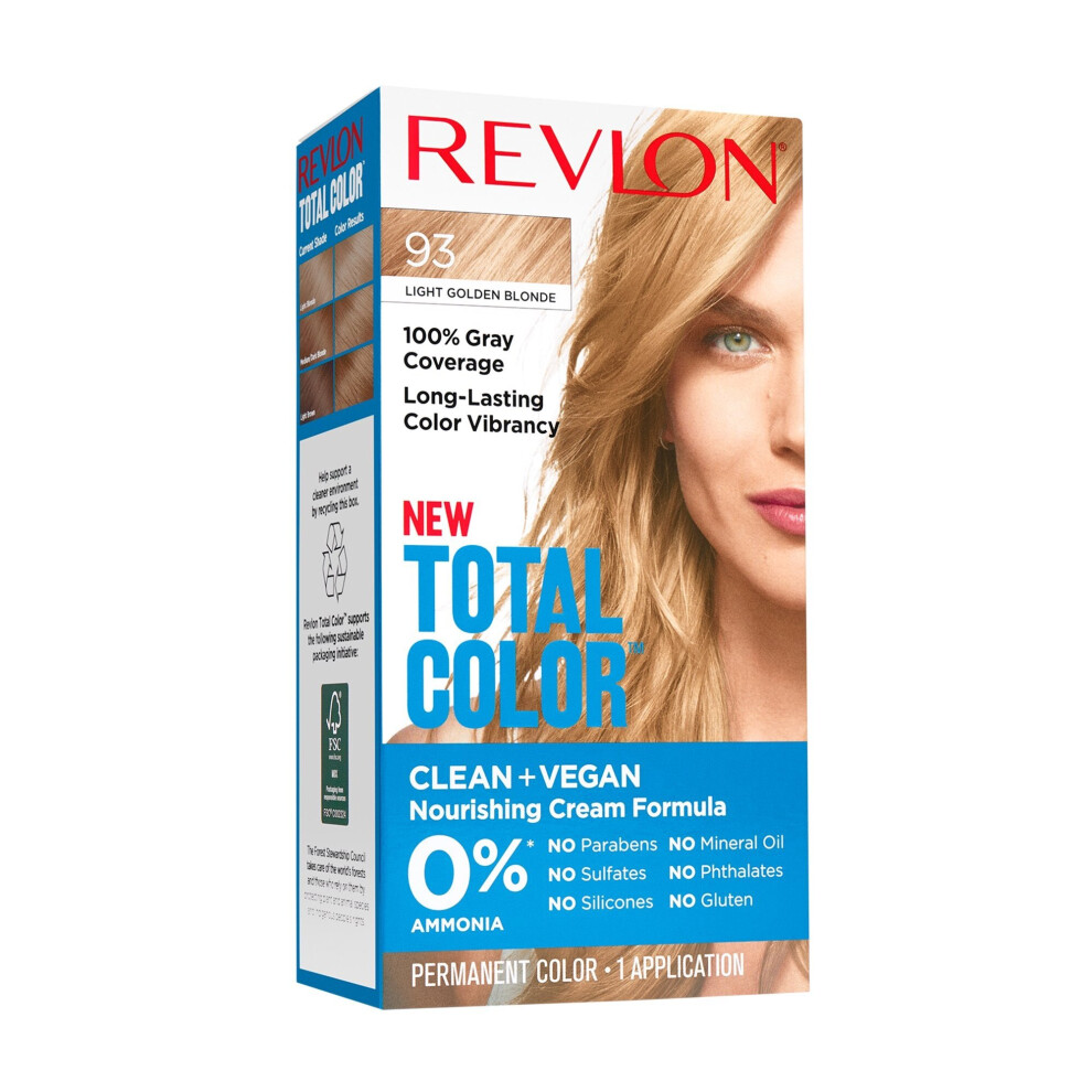 Revlon Total Color Permanent Hair Color, Clean and Vegan, 100% Gray Coverage Hair Dye, 93 Light Golden Blonde, 5.94 fl oz