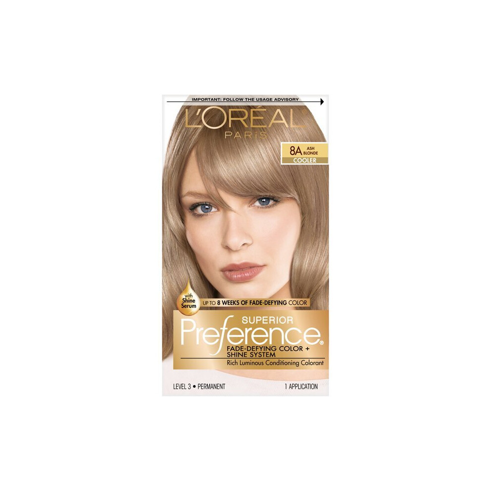 L'Oreal Paris Superior Preference Fade-Defying Shine Permanent Hair Color, 8A Ash Blonde, 1 Kit