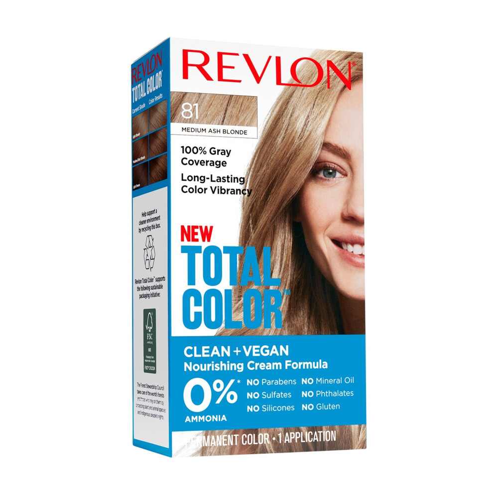 Revlon Total Color Permanent Hair Color, Clean and Vegan, 100% Gray Coverage Hair Dye, 81 Medium Ash Blonde, 5.94 fl oz