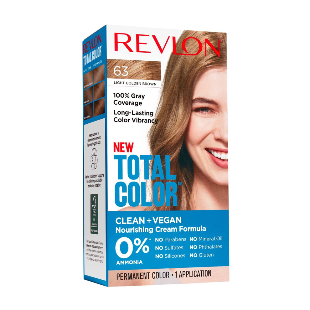 Revlon Total Permanent Hair Color, Clean and Vegan, 100% Gray Coverage Dye, 63 Light Golden Brown, 5.94 fl oz