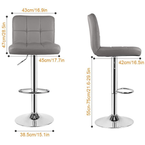 2X Grey Bar Counter Stools UK PU Leather Adjustable Breakfast Chairs 2