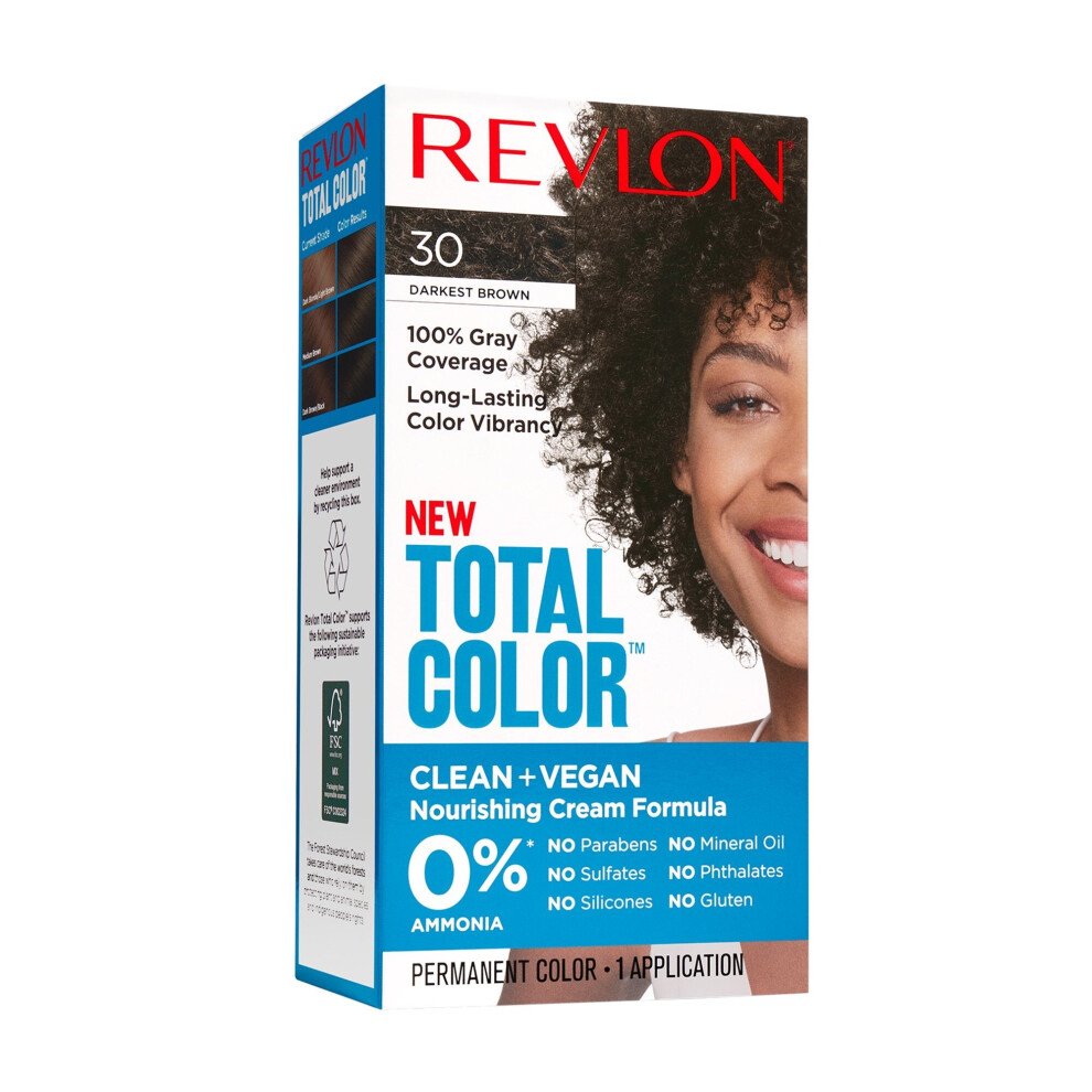 Revlon Total Permanent Hair Color, Clean and Vegan, 100% Gray Coverage Dye, 30 Darkest Brown, 5.94 fl oz