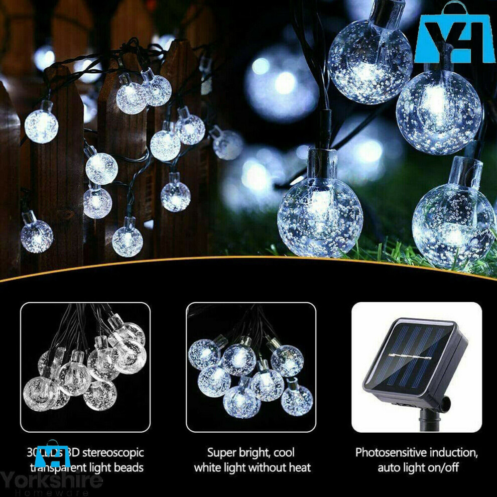 Yorkshire Homeware Ltd (10M Crystal Ball Light) 50 Led Retro Bulb Ball Solar Outdoor Garden Lawn Path String Fairy Lamps White/Light