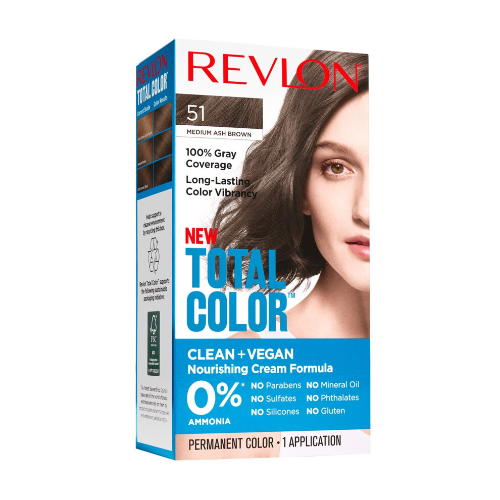 Revlon Total Permanent Hair Color, Clean and Vegan, 100% Gray Coverage Dye, 51 Medium Ash Brown, 5.94 fl oz