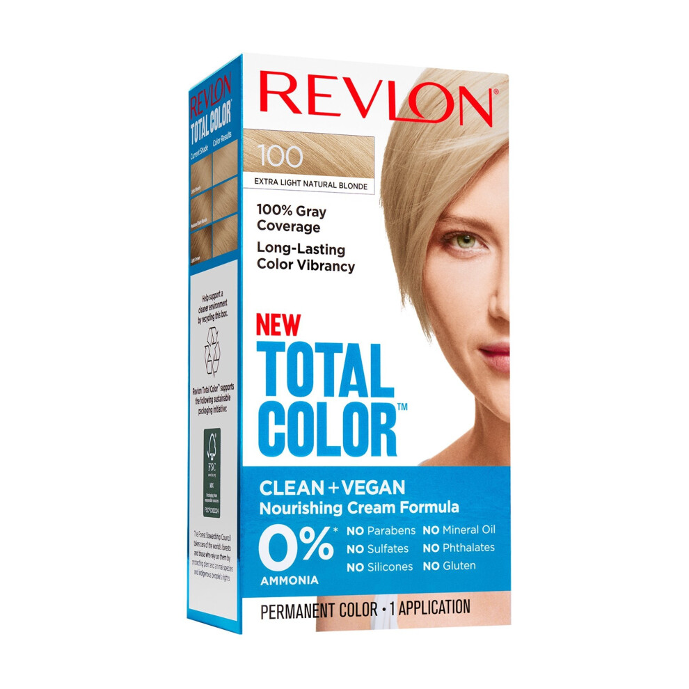 Revlon Total Permanent Hair Color, Clean and Vegan, 100% Gray Coverage Dye, 100 Extra Light Natural Blonde, 5.94 fl oz