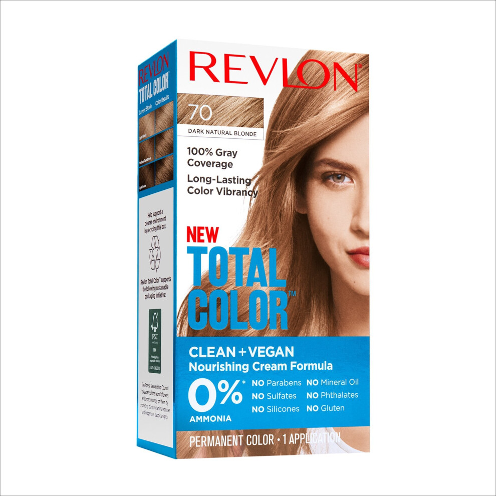 Revlon Total Permanent Hair Color, Clean and Vegan, 100% Gray Coverage Dye, 70 Dark Natural Blonde, 5.94 fl oz