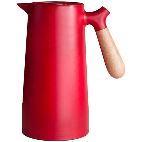 (Red) Thermos Pot Double Layer Thermal Insulation Kettle Glass Liner Coffee Pot With Wood Handle 1000ml
