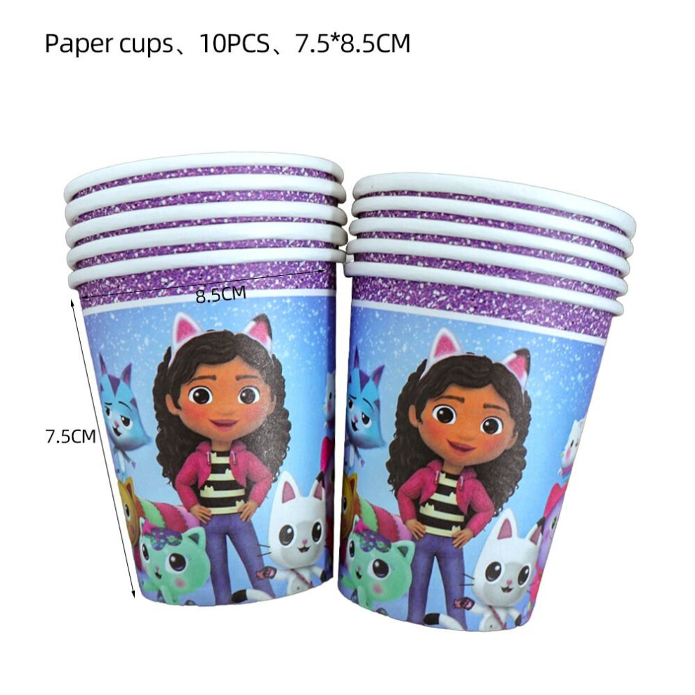 (Paper cups-10pcs) Gabby Dollhouse Cats Birthday Party Supplies Balloon Decoration Cups Cake Banner