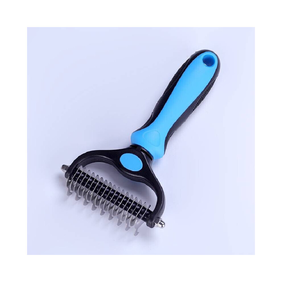 (Blue L) Professional Pet Dog Cat Comb Brush Dematting Undercoat Grooming Comb Rake Tool