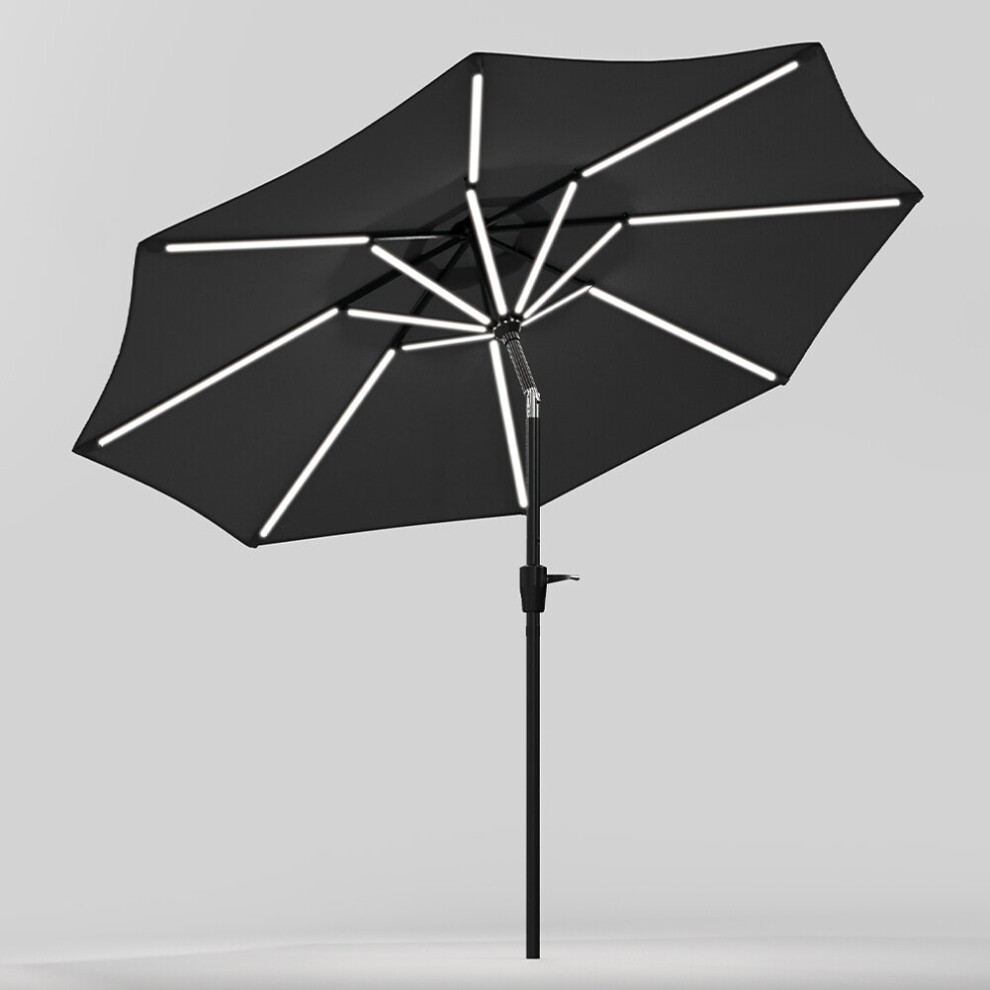 (Dark Grey) Large Solar Powered LED Patio Umbrella for Outdoor Garden Patio