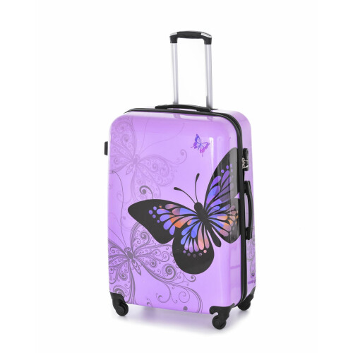 (Purple , Medium) Hampton & Stewart Butterfly Hard Shell Suitcase